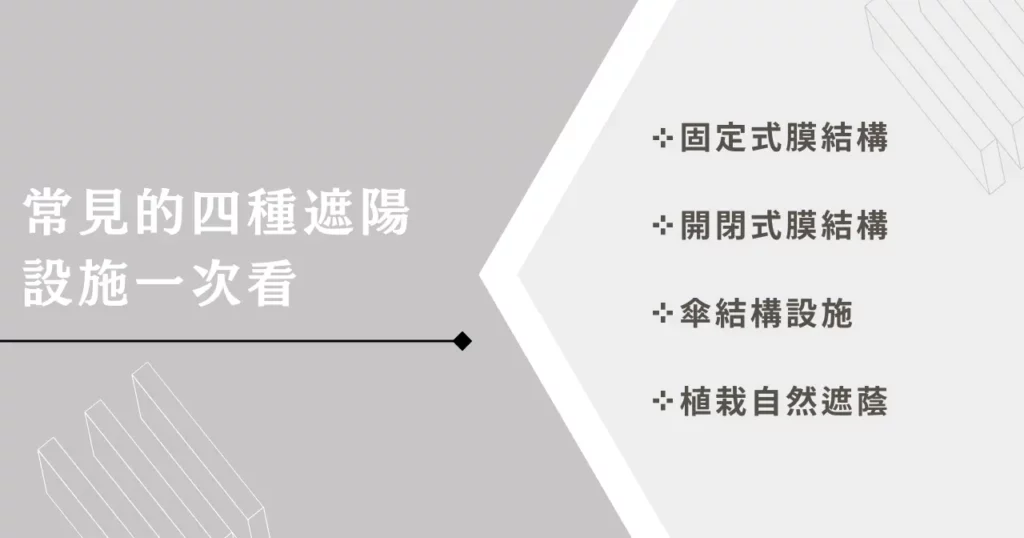 公園遮陽如何打造舒適涼爽的環境?五大面向一次解析! 1 常見的四種遮陽設施一次看